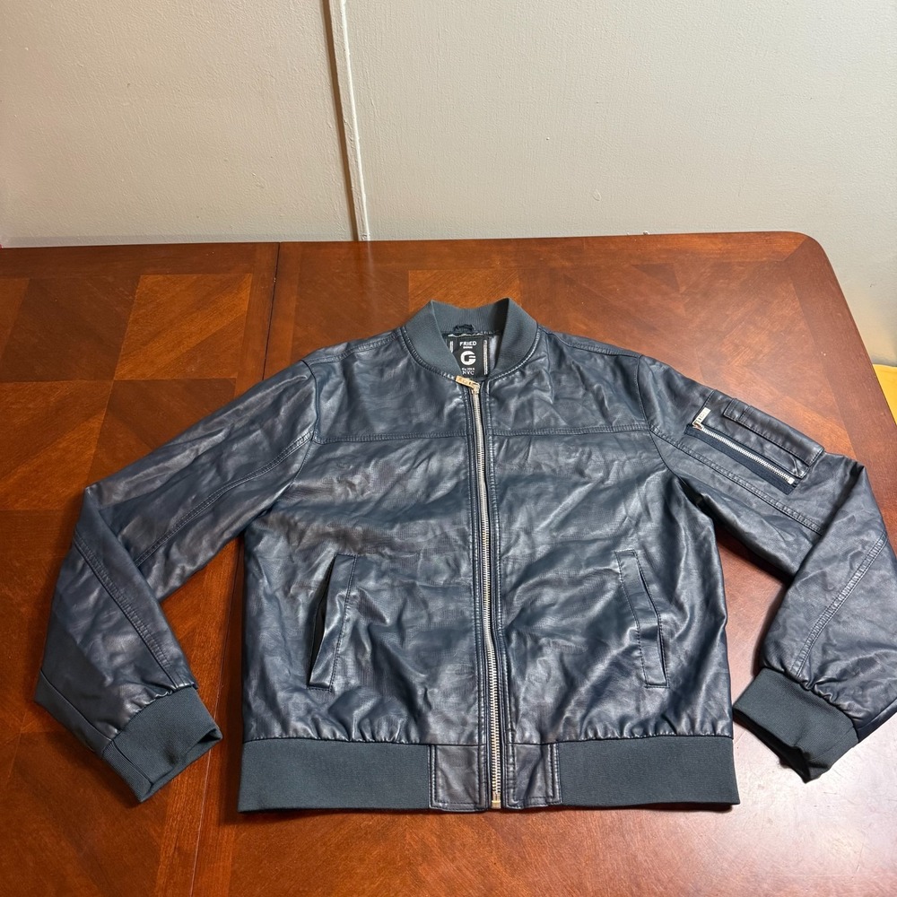 FRIED Denim NYC Dark Navy Faux Leather Bomber Moto Jacket Mens XL Camo Lined